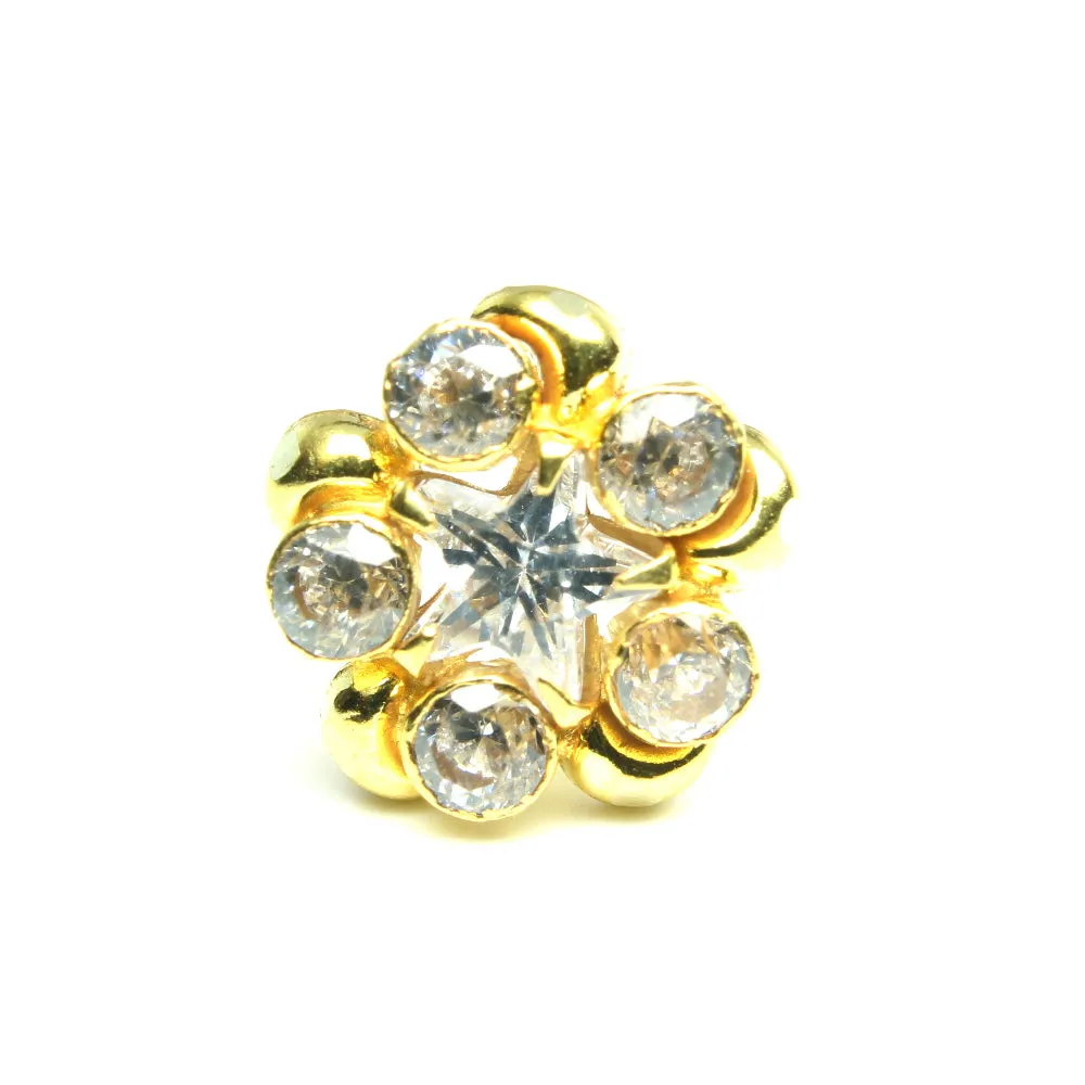 14K Real Gold Medusa Star Style Nose pin with White stones