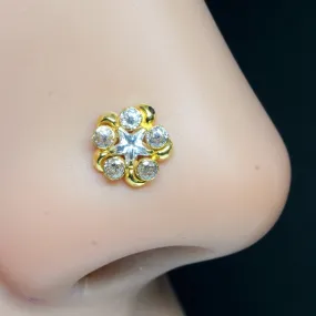 14K Real Gold Medusa Star Style Nose pin with White stones