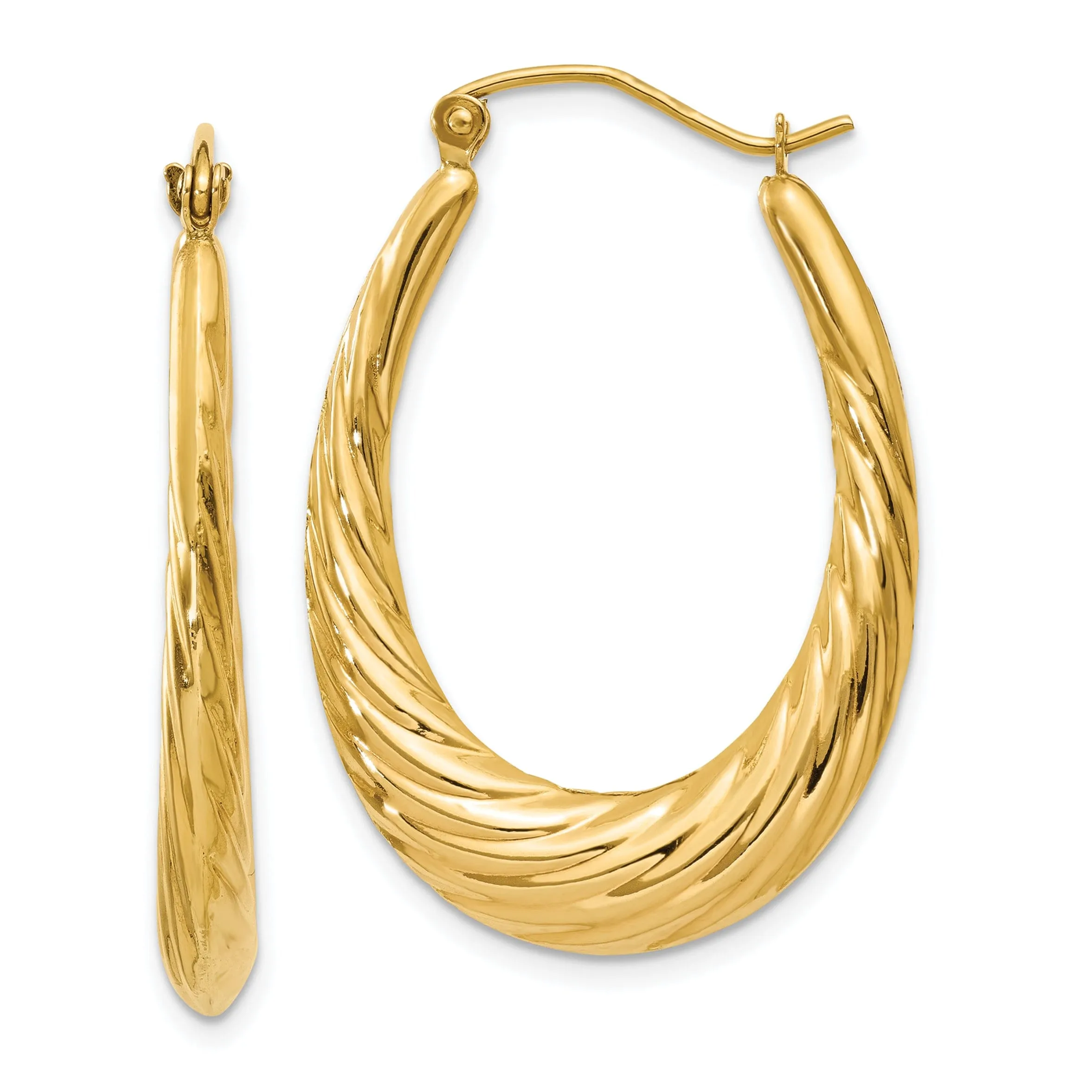 14k Yellow Gold Twisted Oval Hollow Hoop Earrings