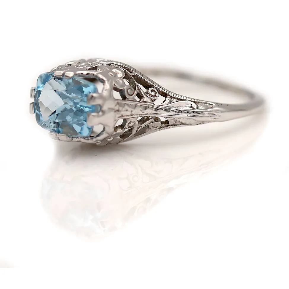 Art Deco East West Set Emerald Cut Aquamarine Solitaire Engagement Ring