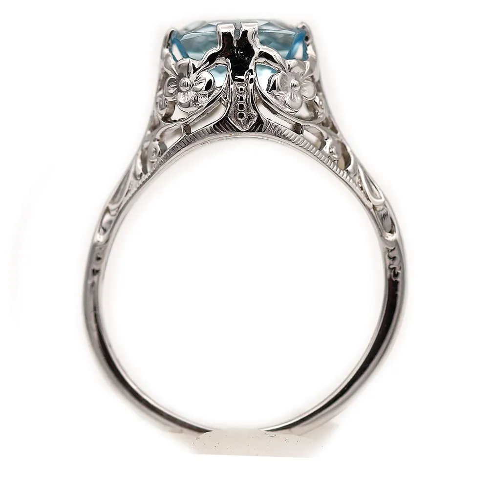 Art Deco East West Set Emerald Cut Aquamarine Solitaire Engagement Ring