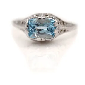 Art Deco East West Set Emerald Cut Aquamarine Solitaire Engagement Ring