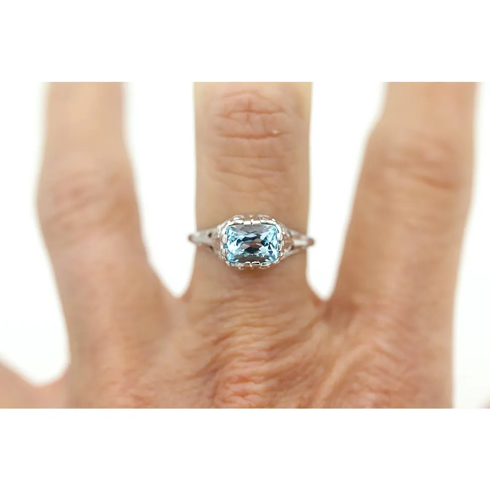 Art Deco East West Set Emerald Cut Aquamarine Solitaire Engagement Ring