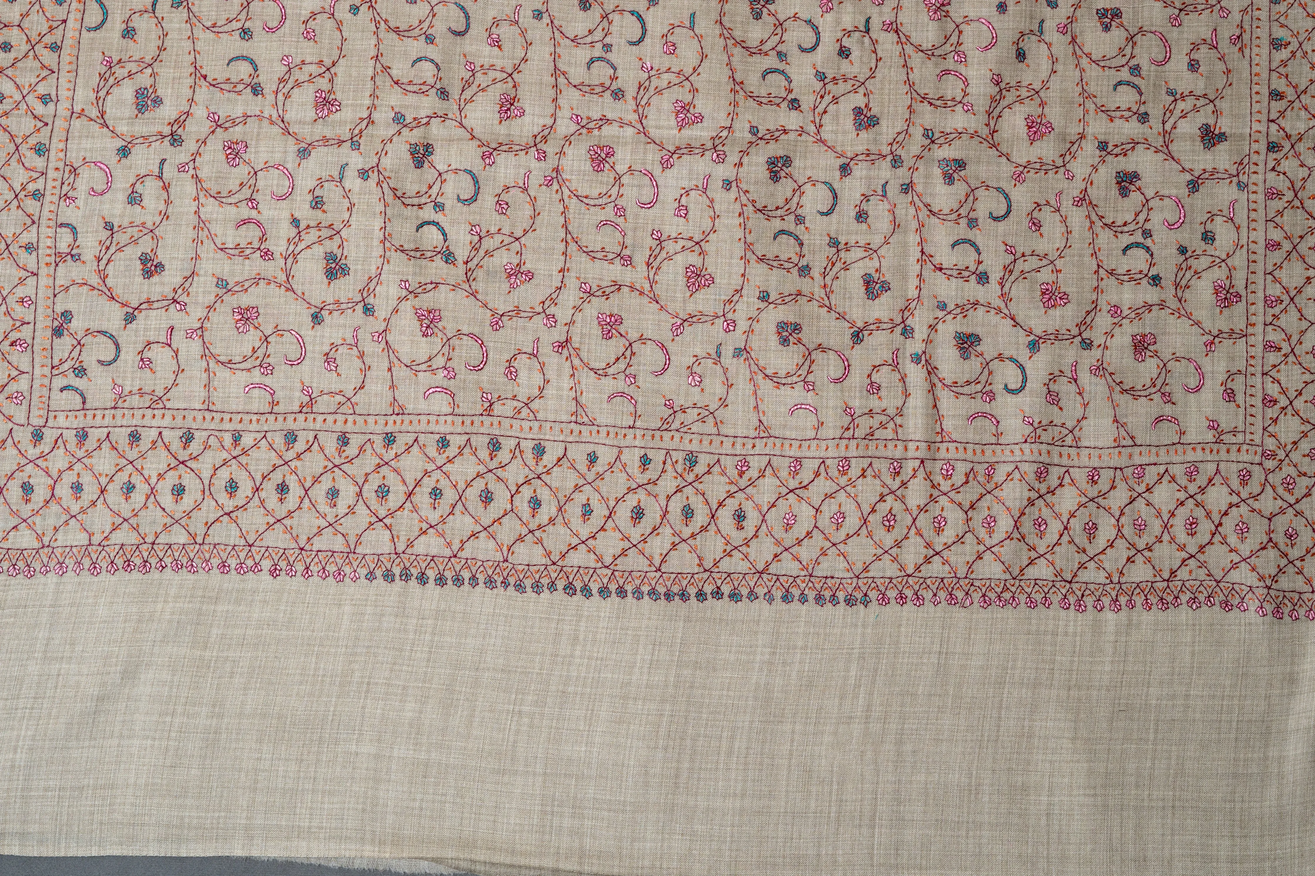 Arzoo Beige: Sozni Hand Embroidered merino wool Shawl