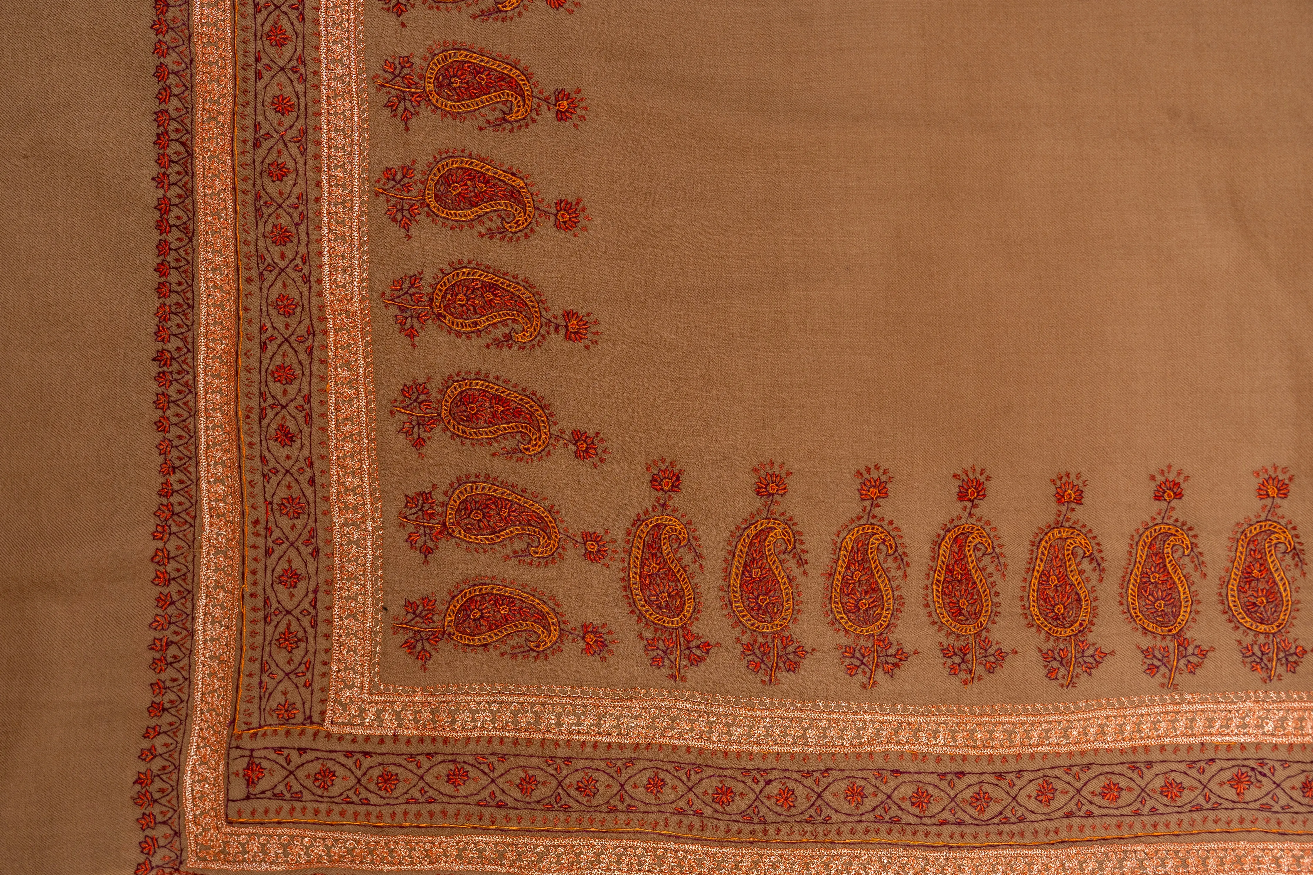 Autumn Warmth: Hand-Embroidered Sozni Paisley Merino Wool Shawl in Honey Brown