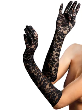 Black Floral Lace Elbow Length Gloves - One Size