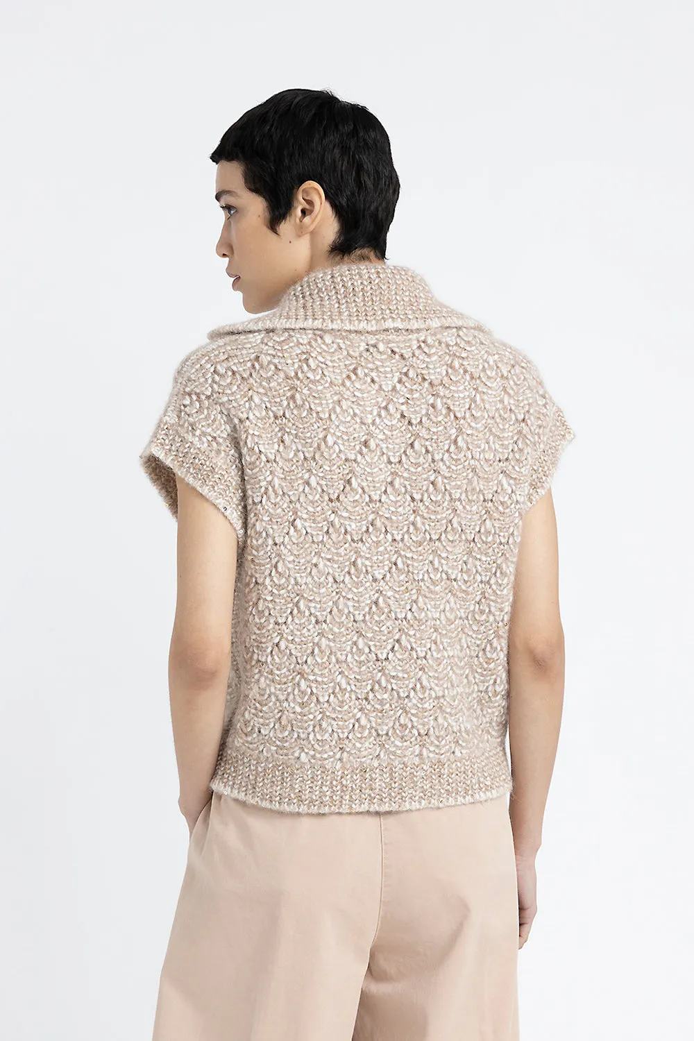 Buttoned waistcoat in alpaca mouliné yarn with sequins and Lurex