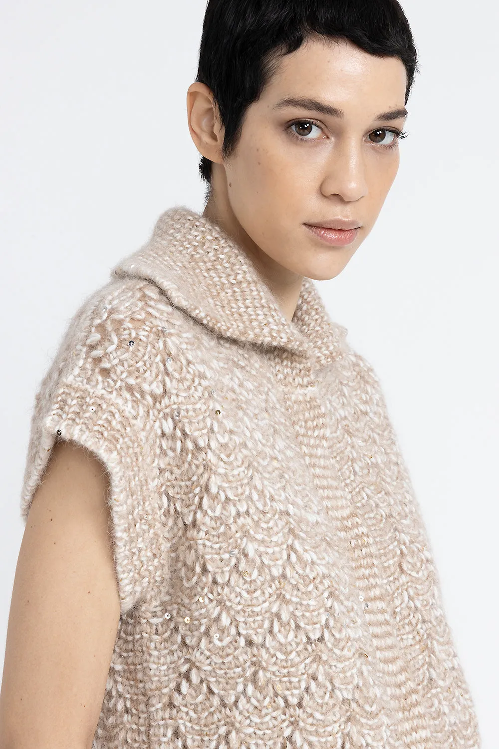 Buttoned waistcoat in alpaca mouliné yarn with sequins and Lurex