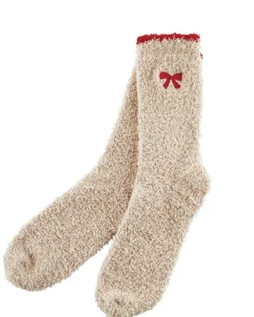 Cozy Socks -Blush with Red Bow