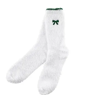 Cozy Socks-White with Green Bow