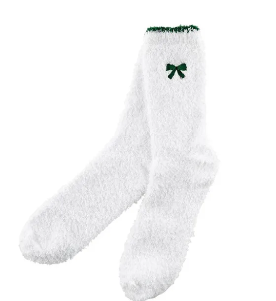 Cozy Socks-White with Green Bow