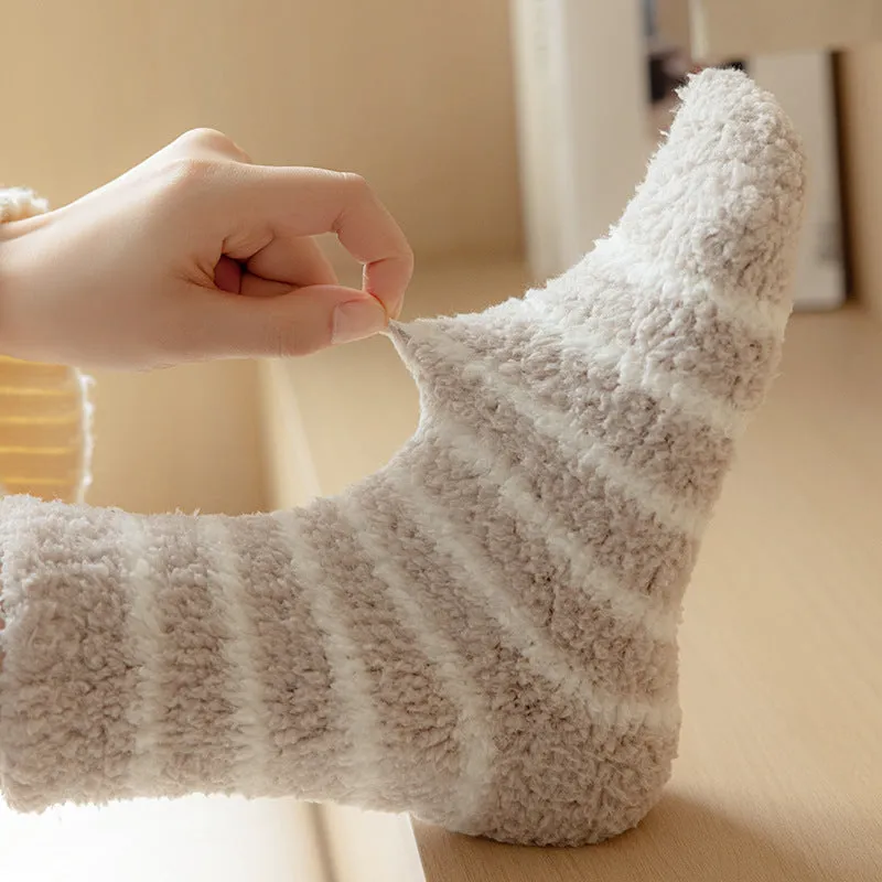 Cozy Winter Striped Women's Socks Thick, Non-Shedding Coral Fleece For Warmth, Leisure, And Sleep