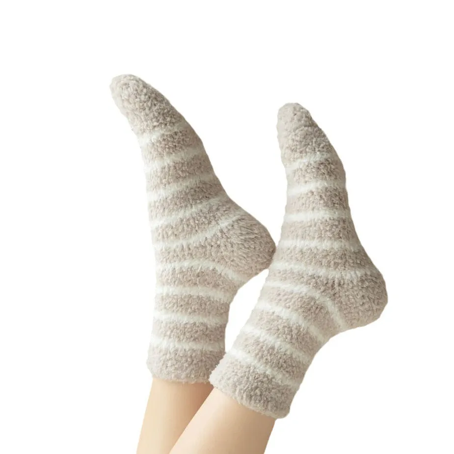 Cozy Winter Striped Women's Socks Thick, Non-Shedding Coral Fleece For Warmth, Leisure, And Sleep