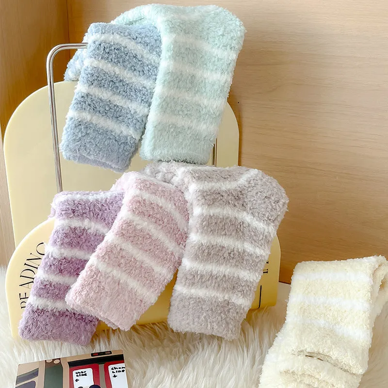 Cozy Winter Striped Women's Socks Thick, Non-Shedding Coral Fleece For Warmth, Leisure, And Sleep