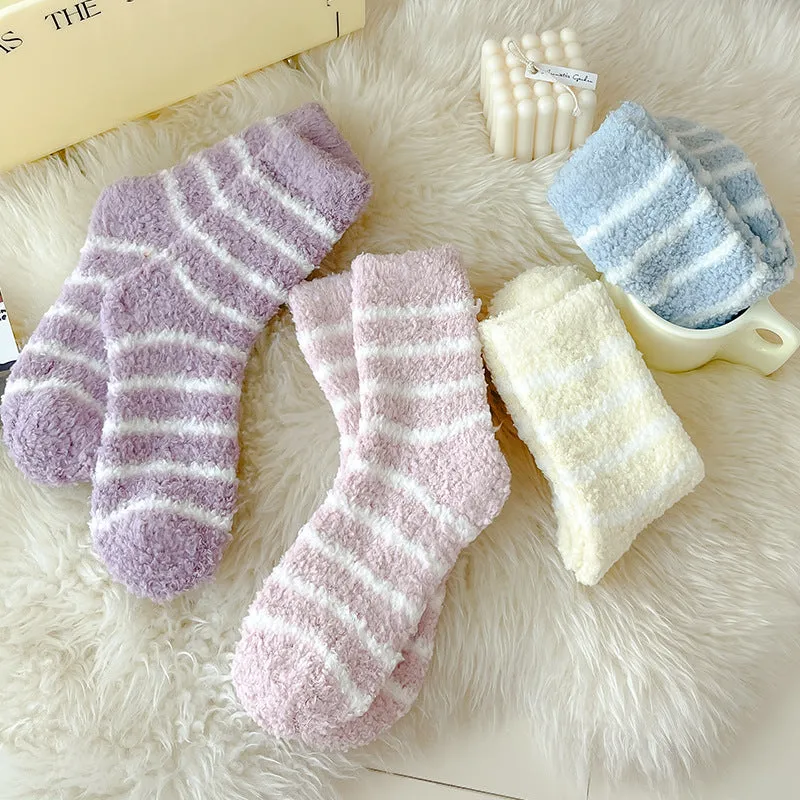 Cozy Winter Striped Women's Socks Thick, Non-Shedding Coral Fleece For Warmth, Leisure, And Sleep