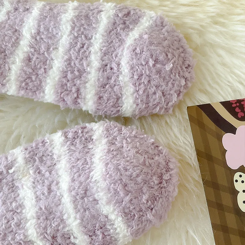 Cozy Winter Striped Women's Socks Thick, Non-Shedding Coral Fleece For Warmth, Leisure, And Sleep