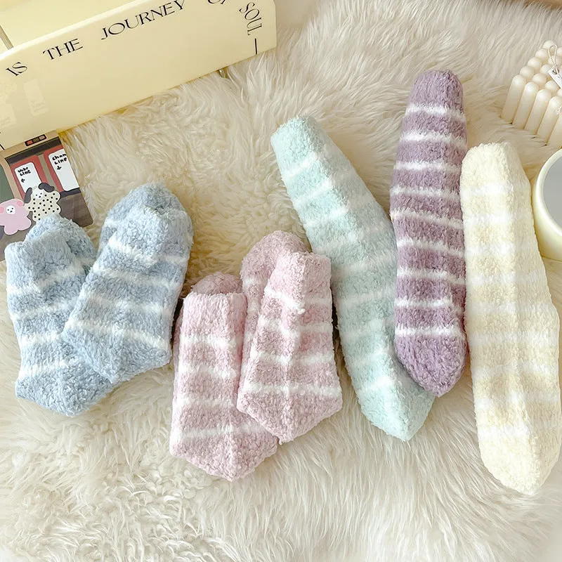 Cozy Winter Striped Women's Socks Thick, Non-Shedding Coral Fleece For Warmth, Leisure, And Sleep
