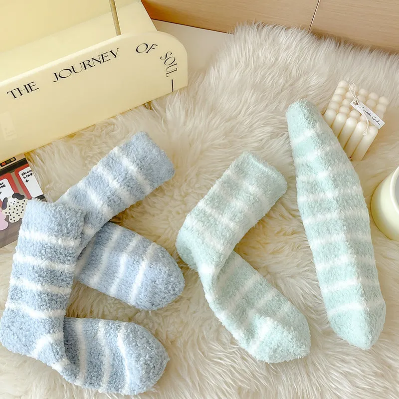 Cozy Winter Striped Women's Socks Thick, Non-Shedding Coral Fleece For Warmth, Leisure, And Sleep