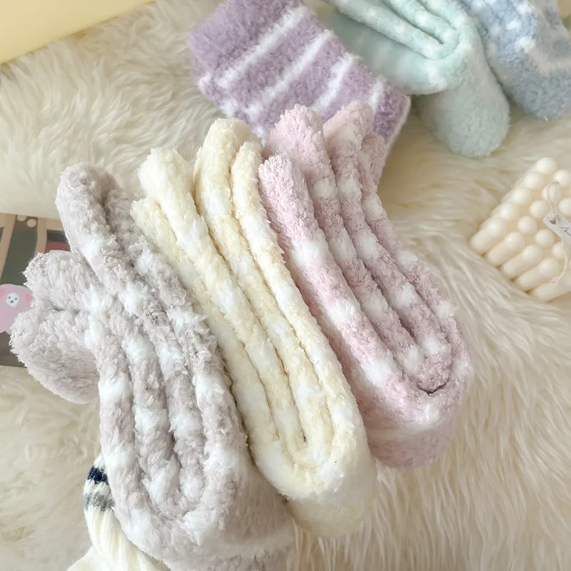 Cozy Winter Striped Women's Socks Thick, Non-Shedding Coral Fleece For Warmth, Leisure, And Sleep