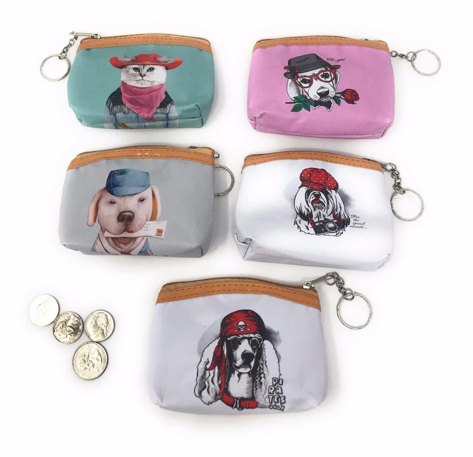Cute Dog Cat Portraits Zipper Coin Wallet Purse Insert Keychain Ring Pouch Bag