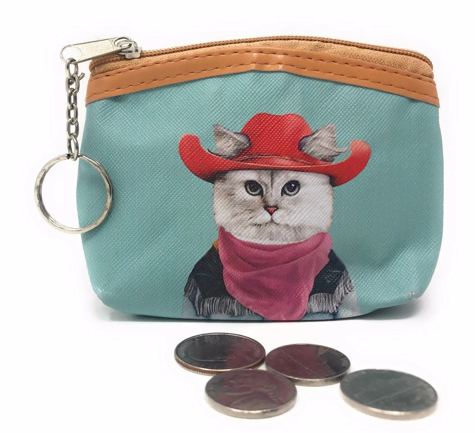 Cute Dog Cat Portraits Zipper Coin Wallet Purse Insert Keychain Ring Pouch Bag