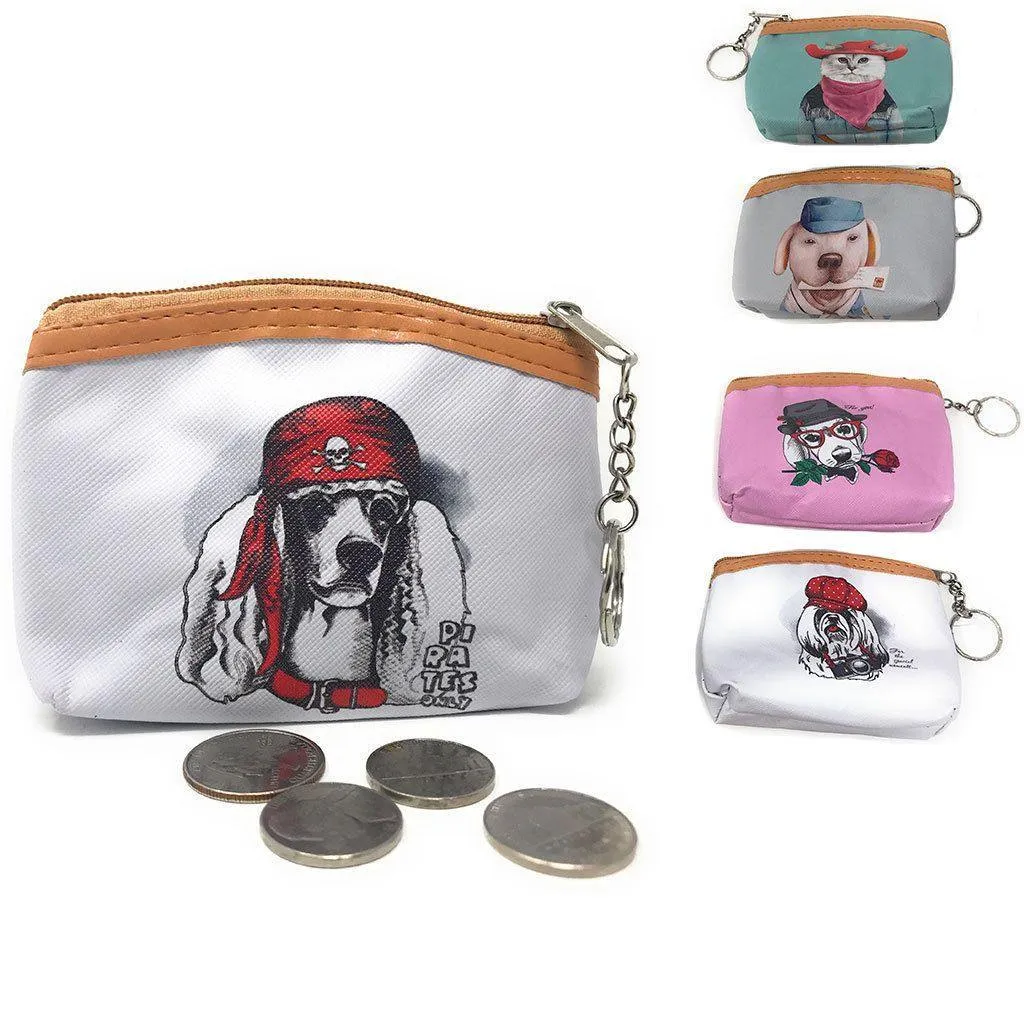 Cute Dog Cat Portraits Zipper Coin Wallet Purse Insert Keychain Ring Pouch Bag