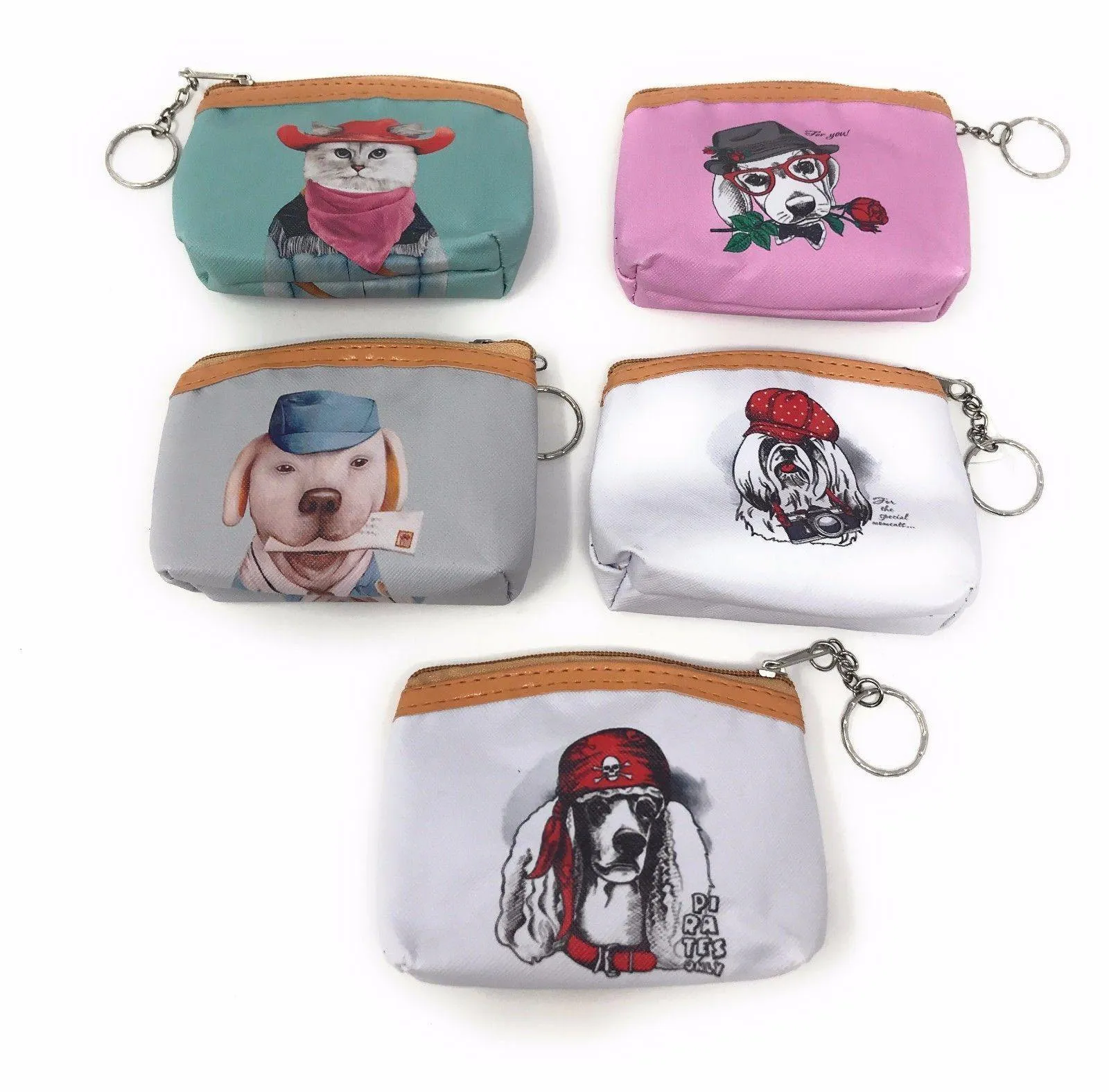 Cute Dog Cat Portraits Zipper Coin Wallet Purse Insert Keychain Ring Pouch Bag