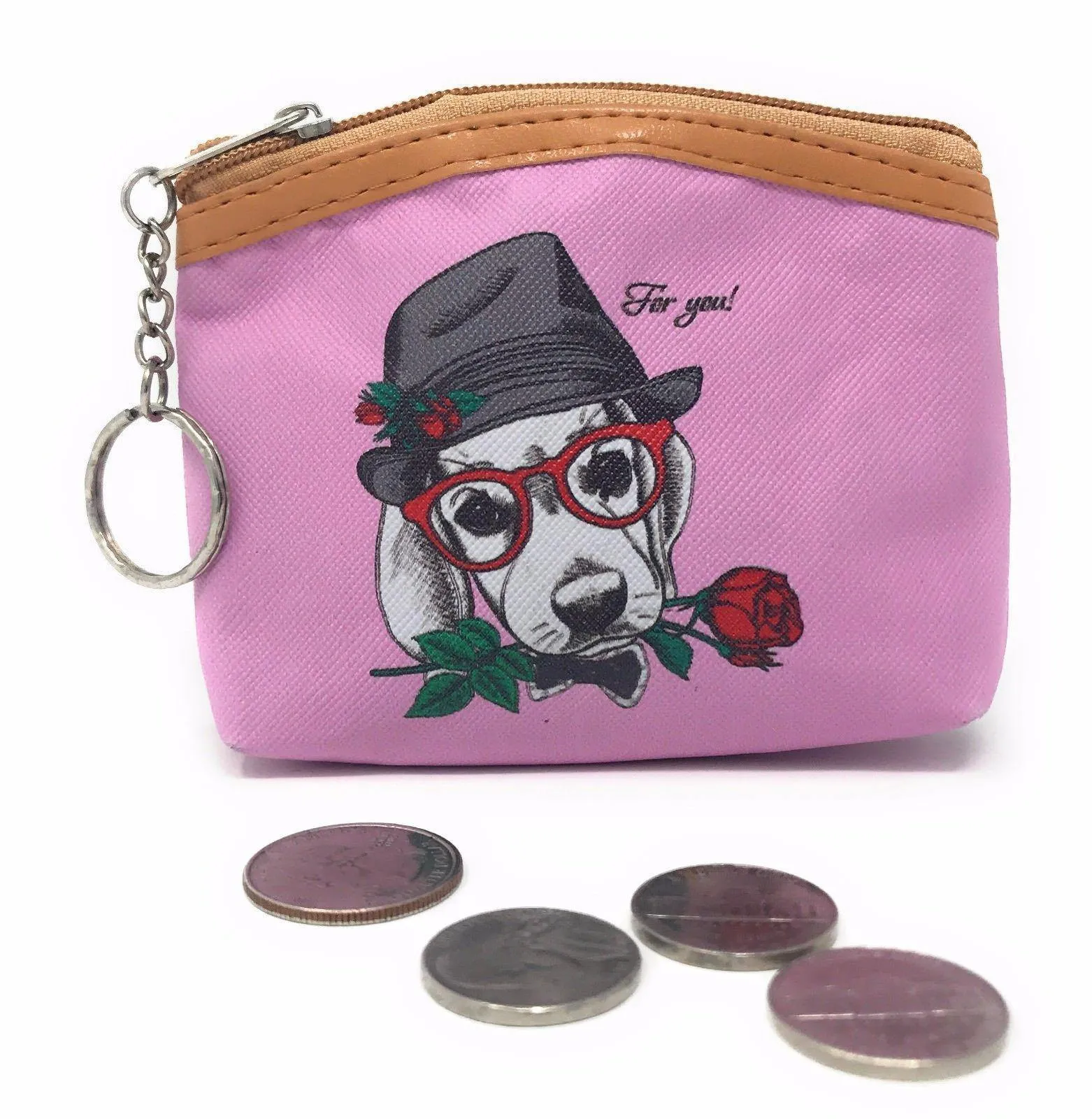 Cute Dog Cat Portraits Zipper Coin Wallet Purse Insert Keychain Ring Pouch Bag