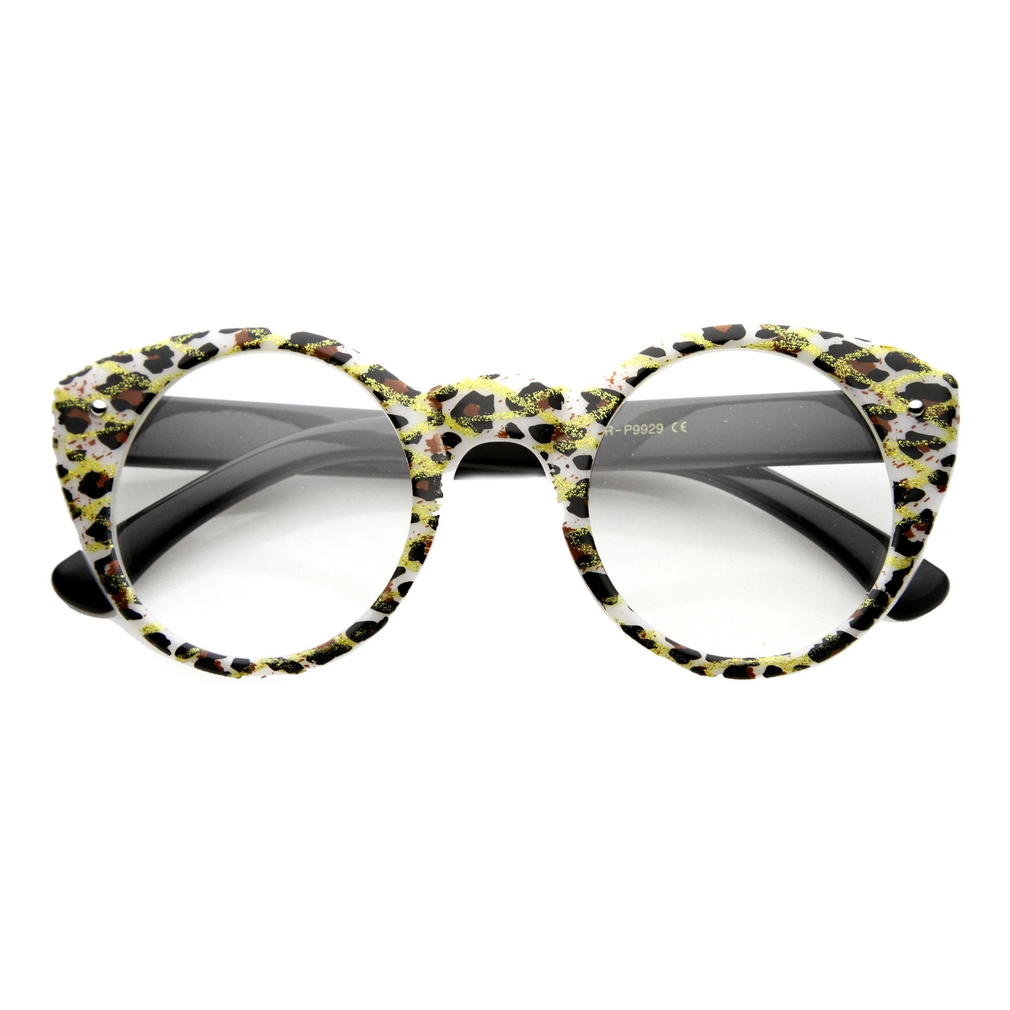 Cute Retro Animal Print Round Cat Eye Clear Lens Glasses 9647