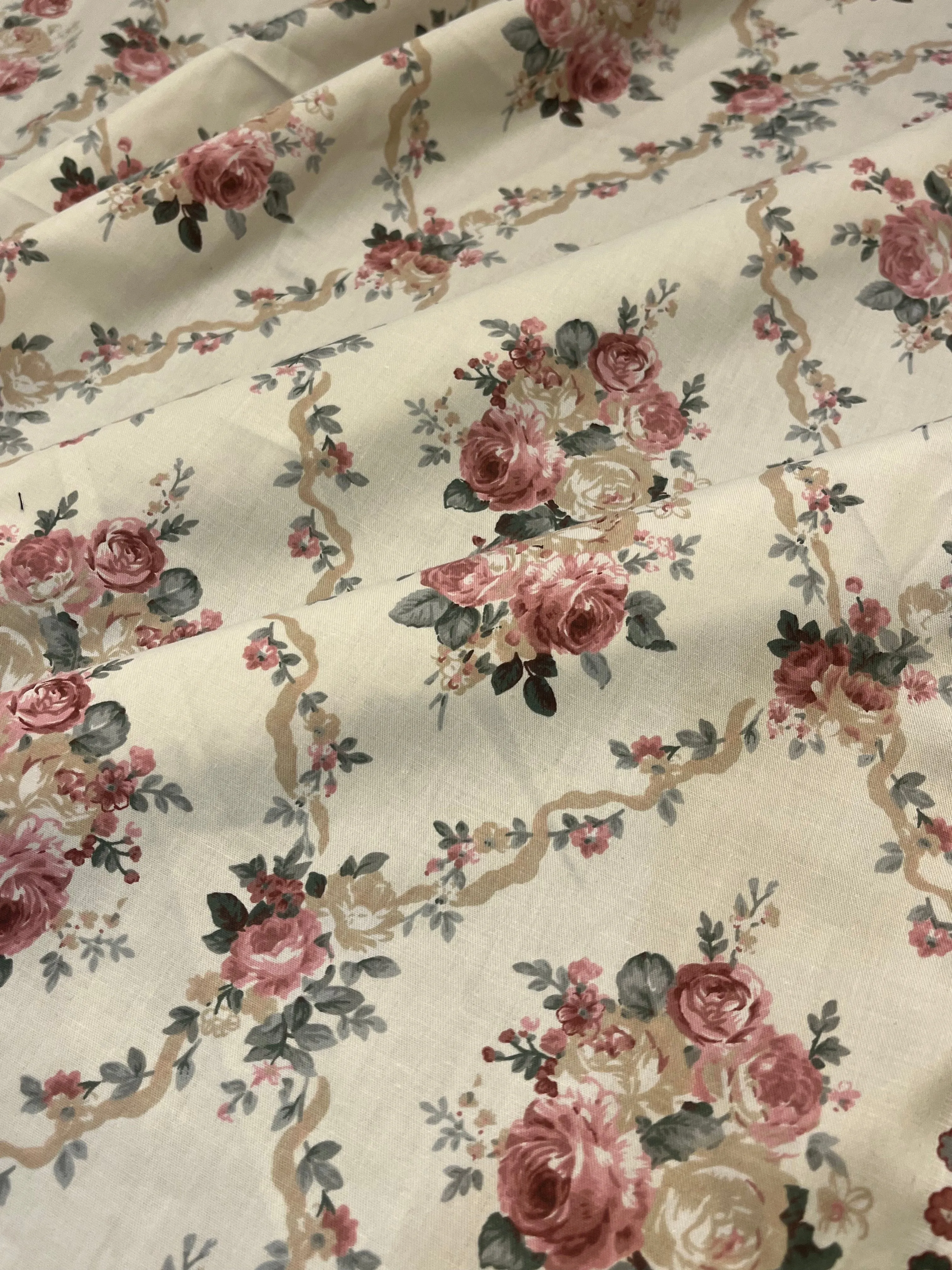 Delicate Victorian Roses Beige or Blue Floral Cotton