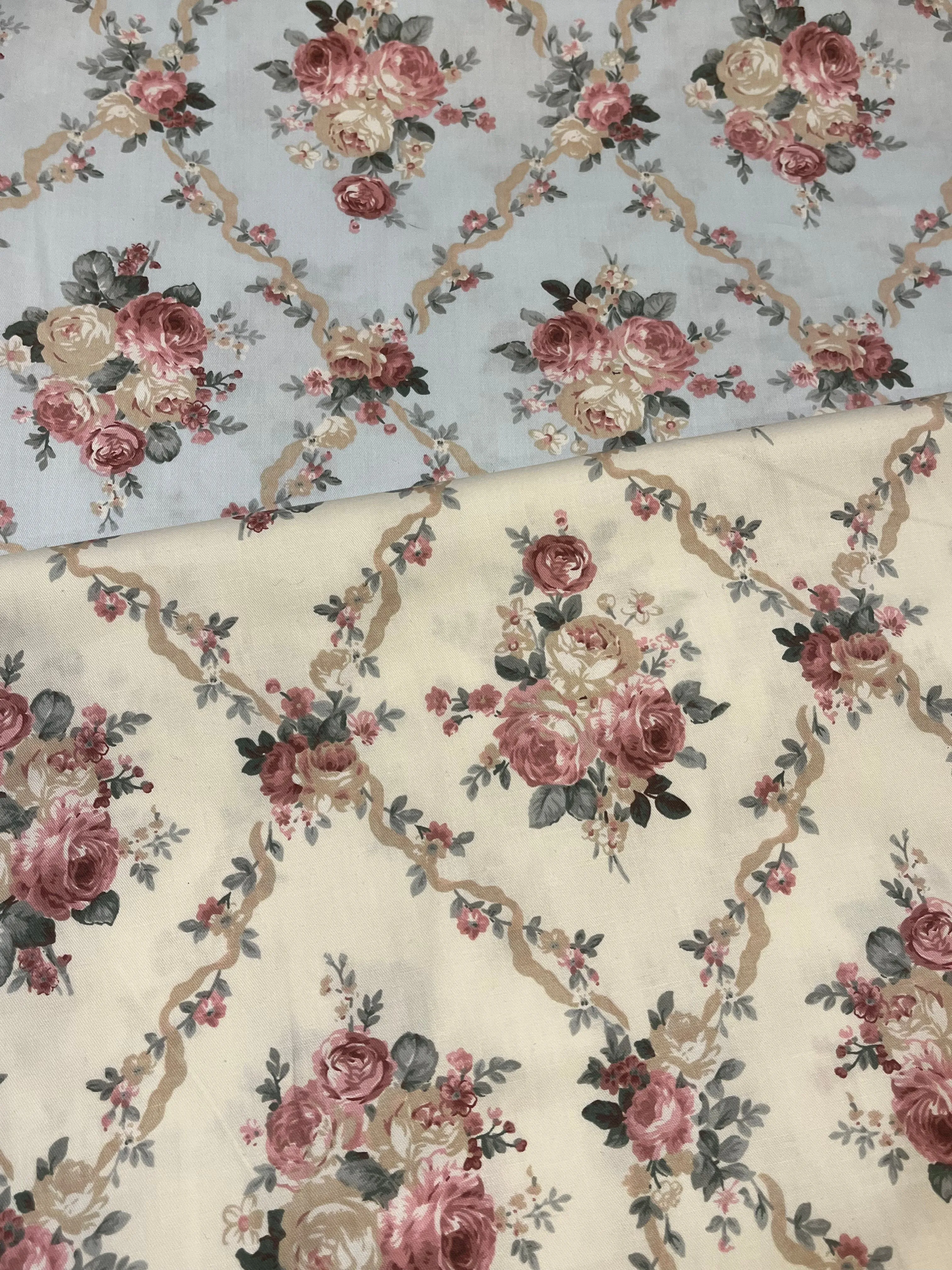 Delicate Victorian Roses Beige or Blue Floral Cotton