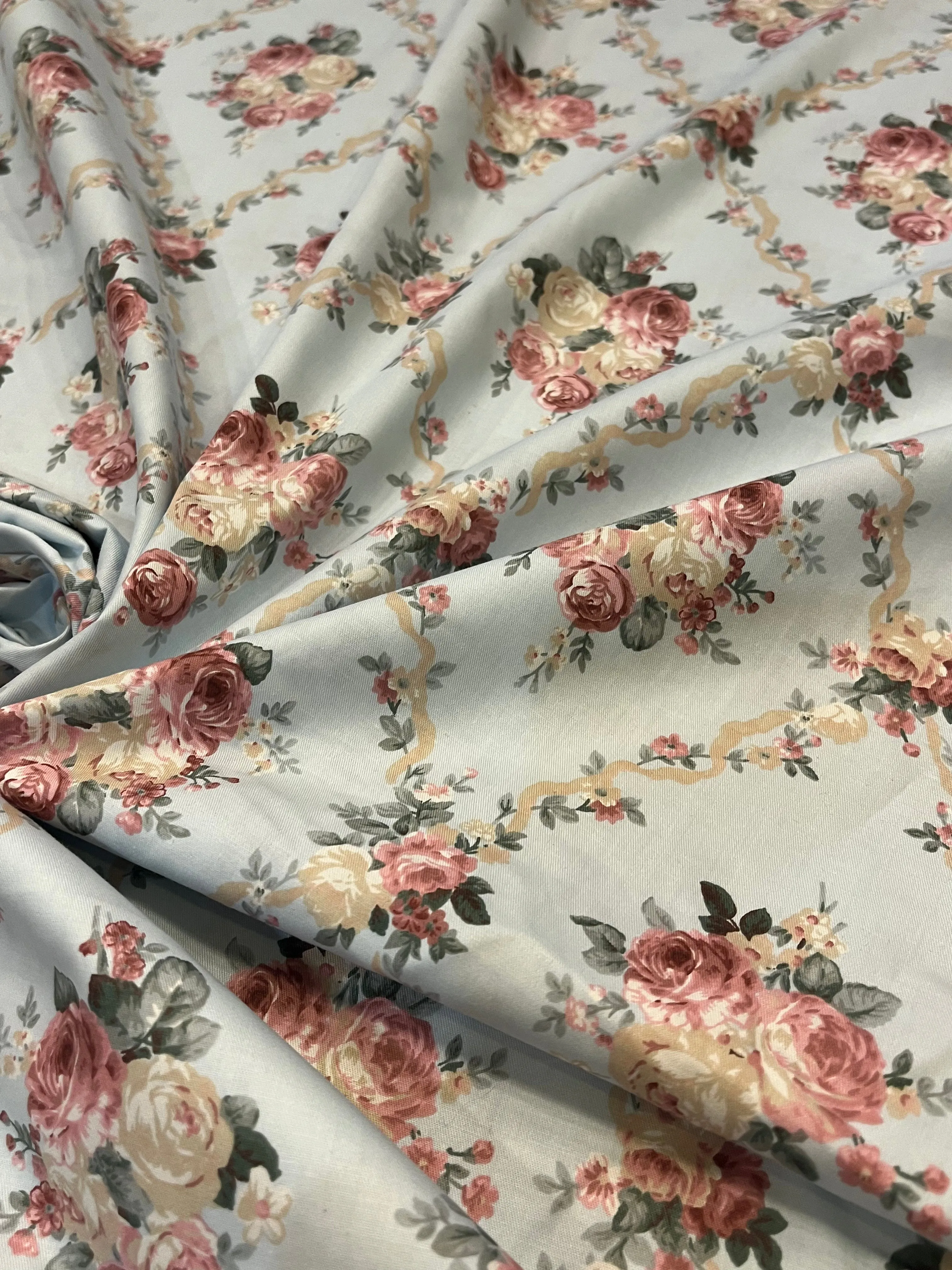 Delicate Victorian Roses Beige or Blue Floral Cotton