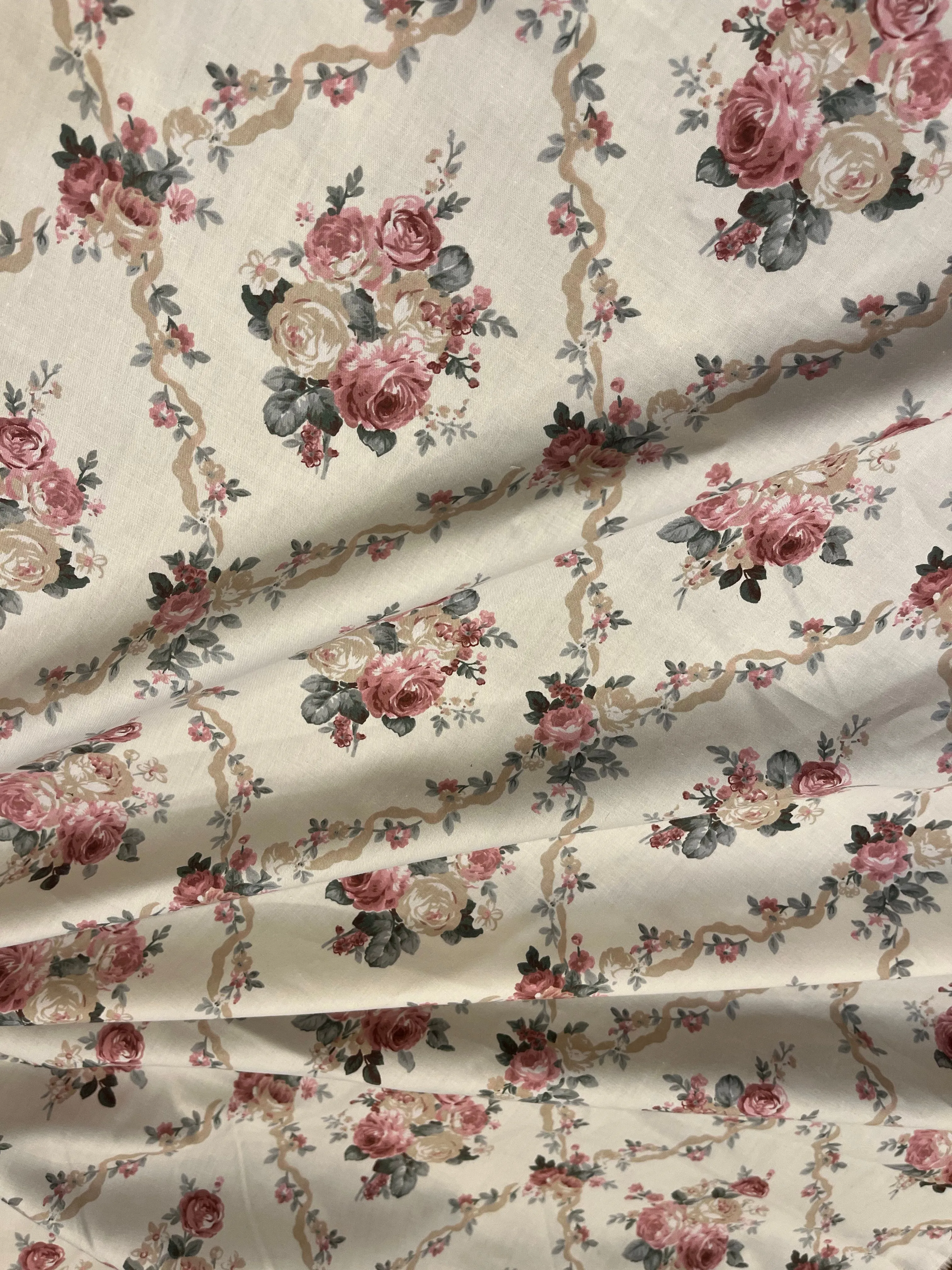 Delicate Victorian Roses Beige or Blue Floral Cotton