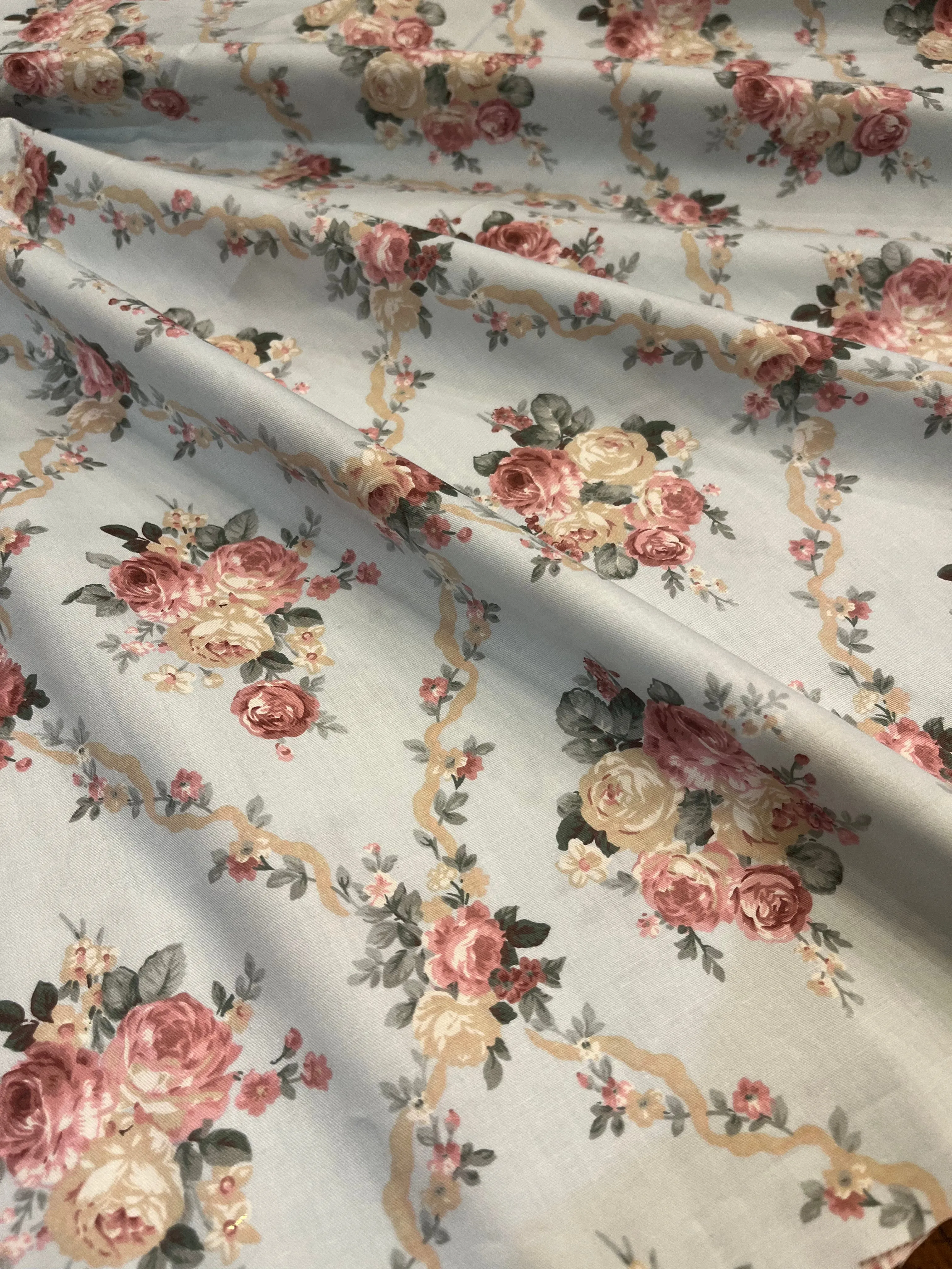 Delicate Victorian Roses Beige or Blue Floral Cotton