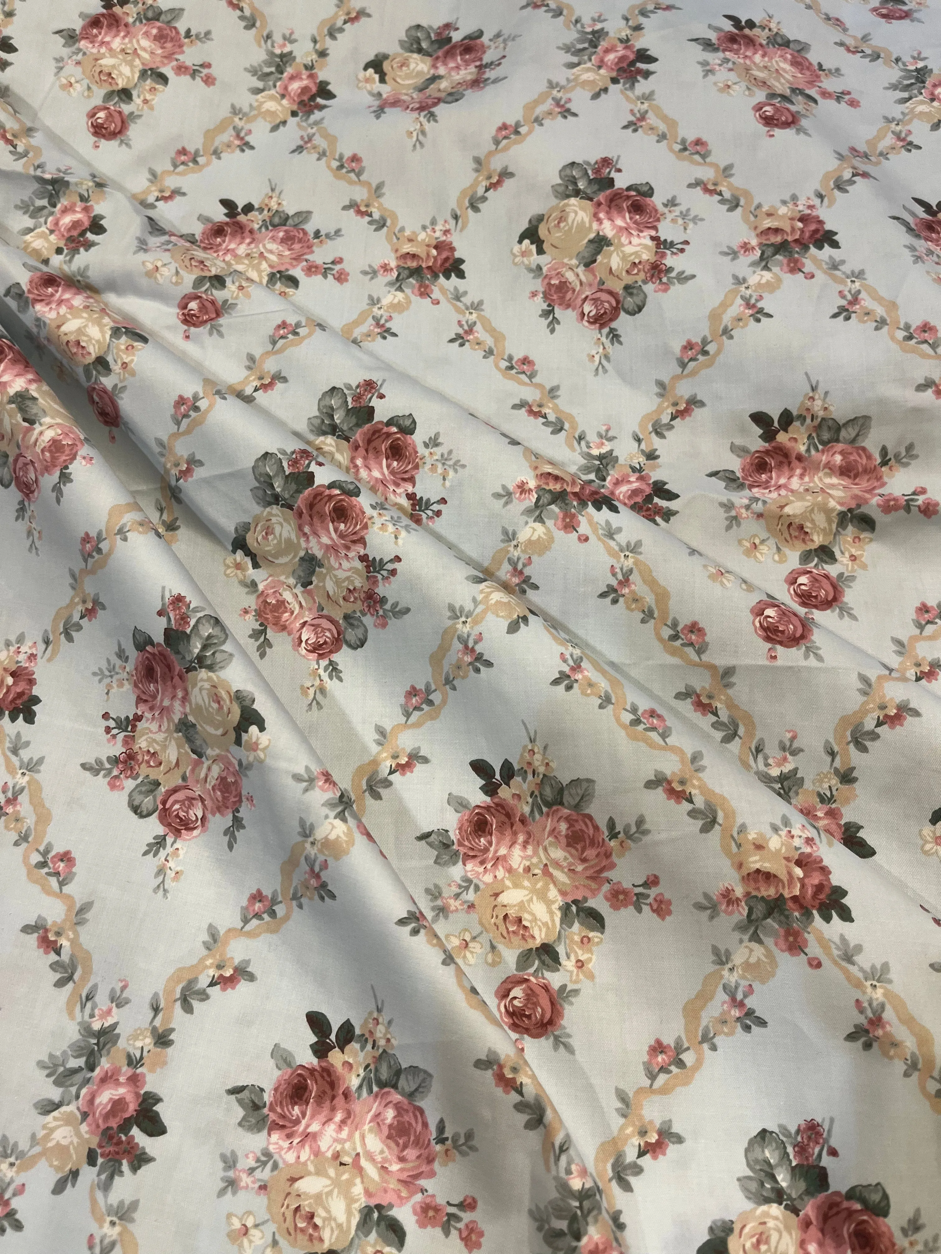 Delicate Victorian Roses Beige or Blue Floral Cotton