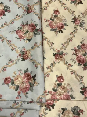Delicate Victorian Roses Beige or Blue Floral Cotton