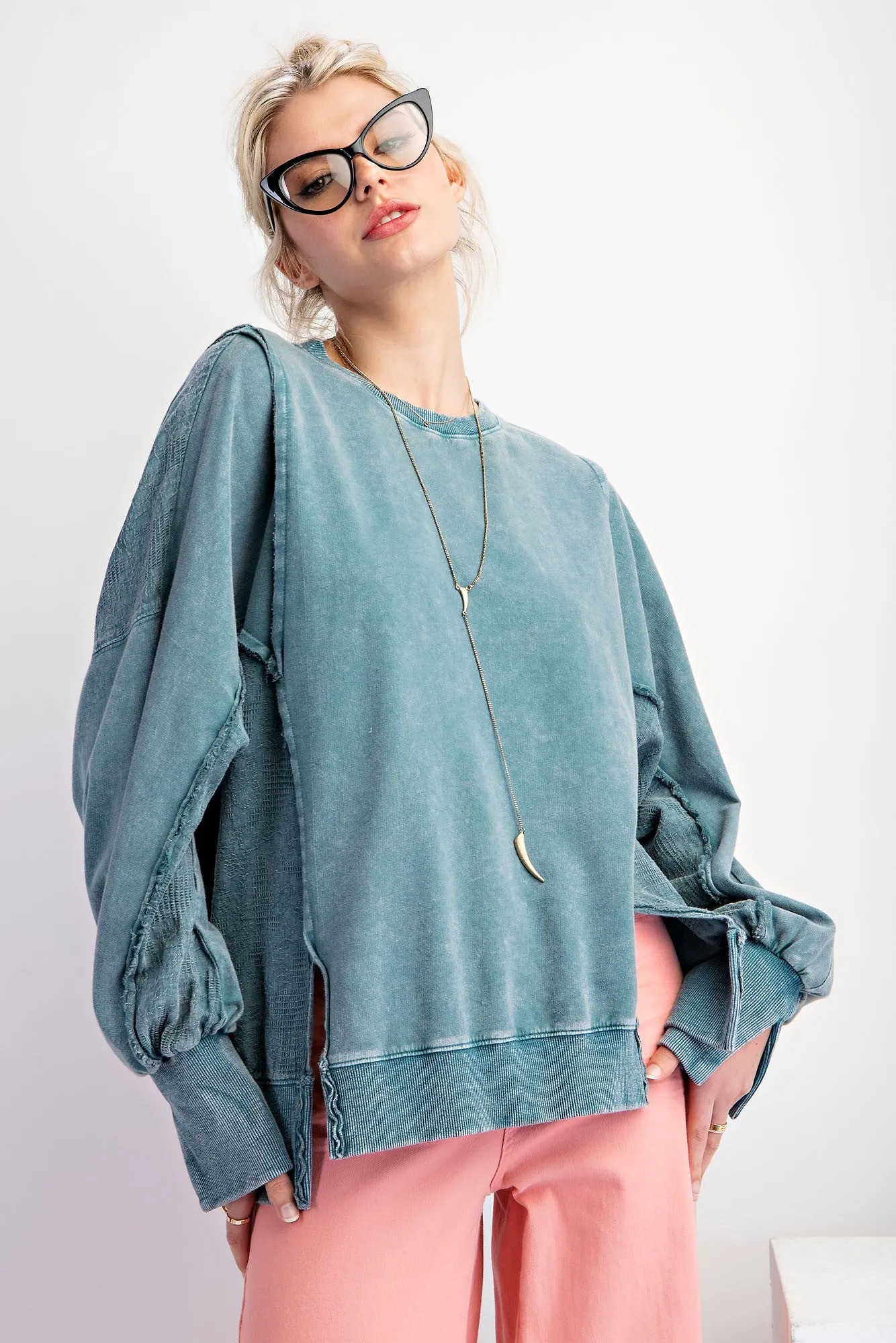 Easel Dusty Teal Mineral Wash Lace Fabric Mix Knit Top