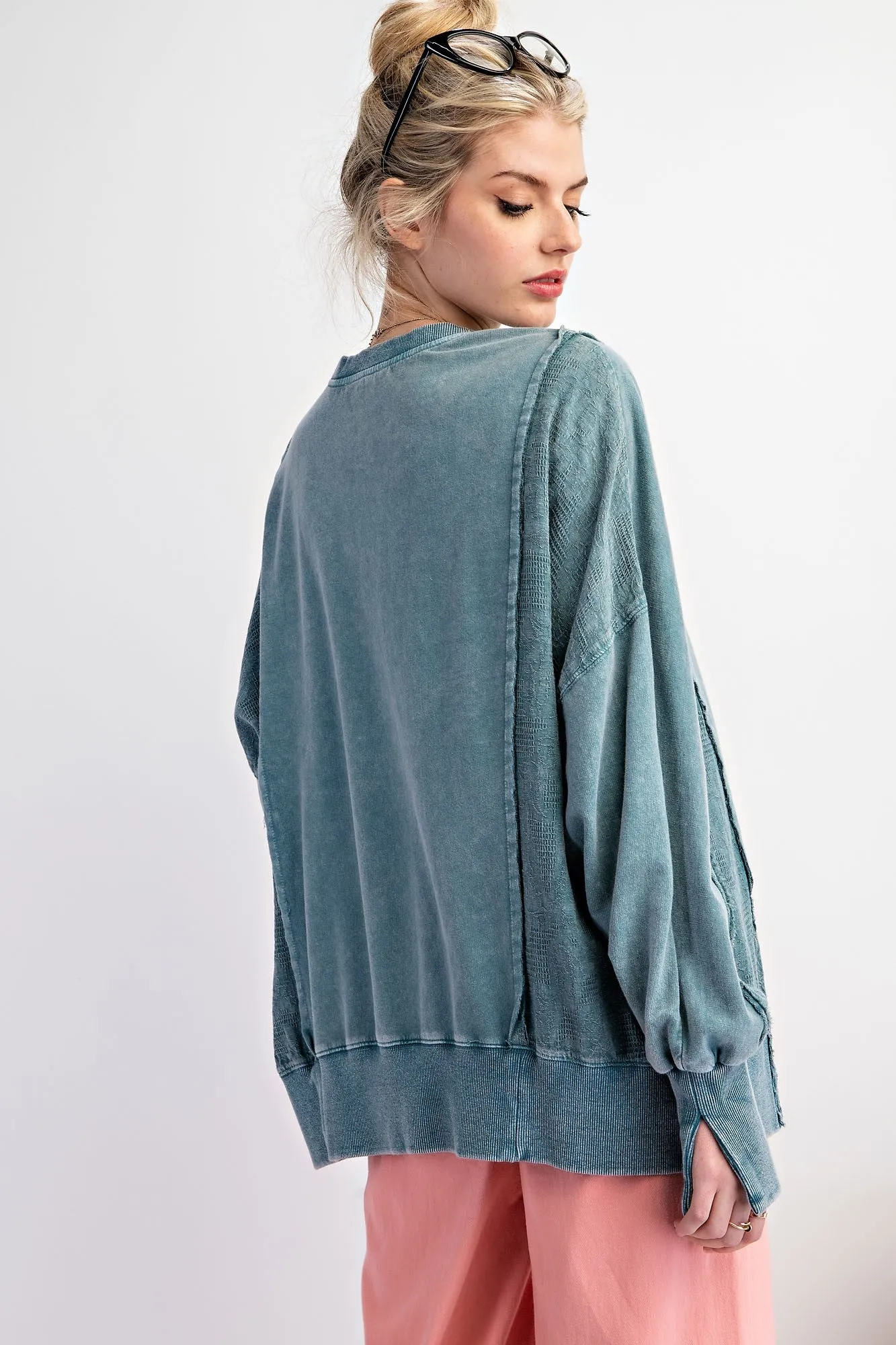 Easel Dusty Teal Mineral Wash Lace Fabric Mix Knit Top