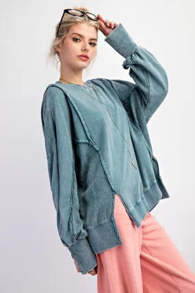 Easel Dusty Teal Mineral Wash Lace Fabric Mix Knit Top