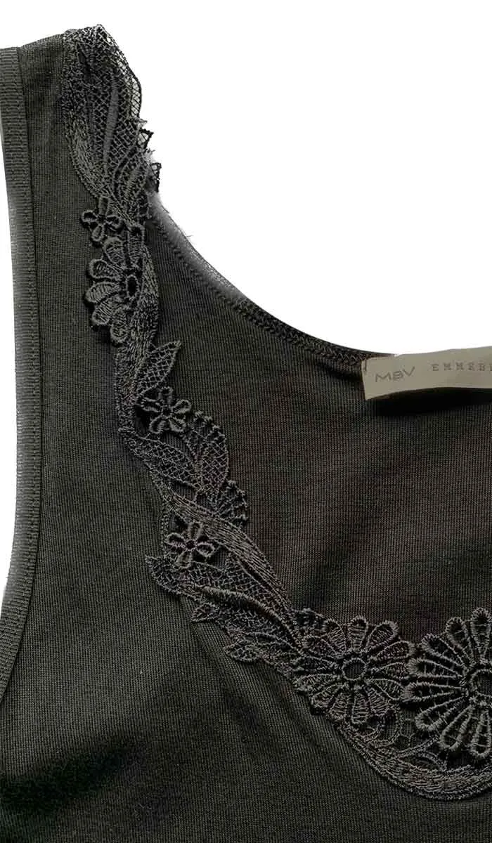 Emmebivi 100% Cotton Singlet With Lace Trim in Black 12312