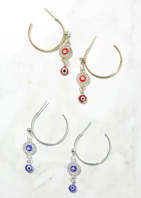 Evil Eye Dangle Charm Hoop Earrings