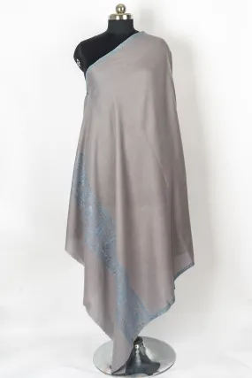 Graceful Elegance: Hand-Embroidered Sozni Paisley Merino Wool Shawl in Silver Grey