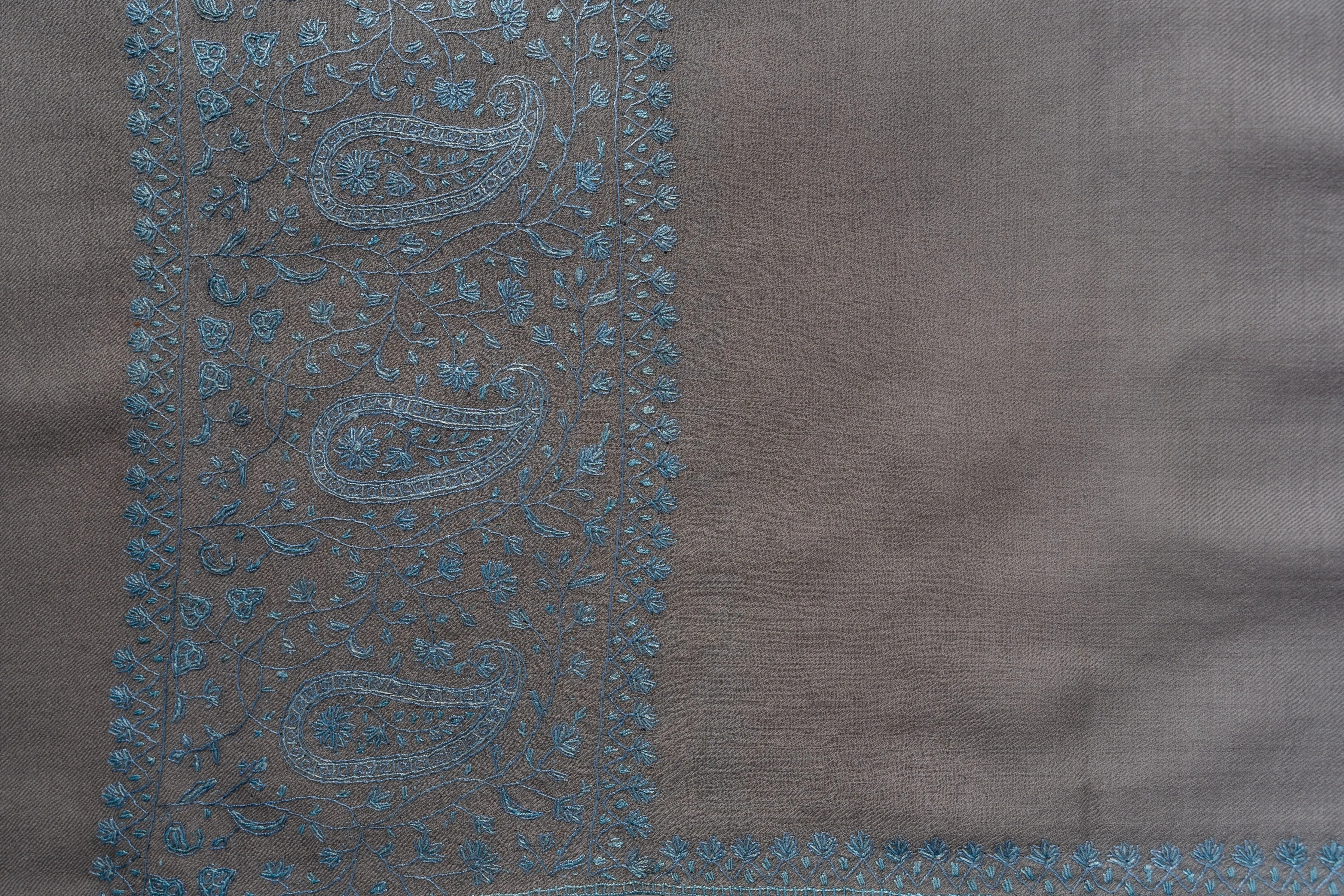Graceful Elegance: Hand-Embroidered Sozni Paisley Merino Wool Shawl in Silver Grey