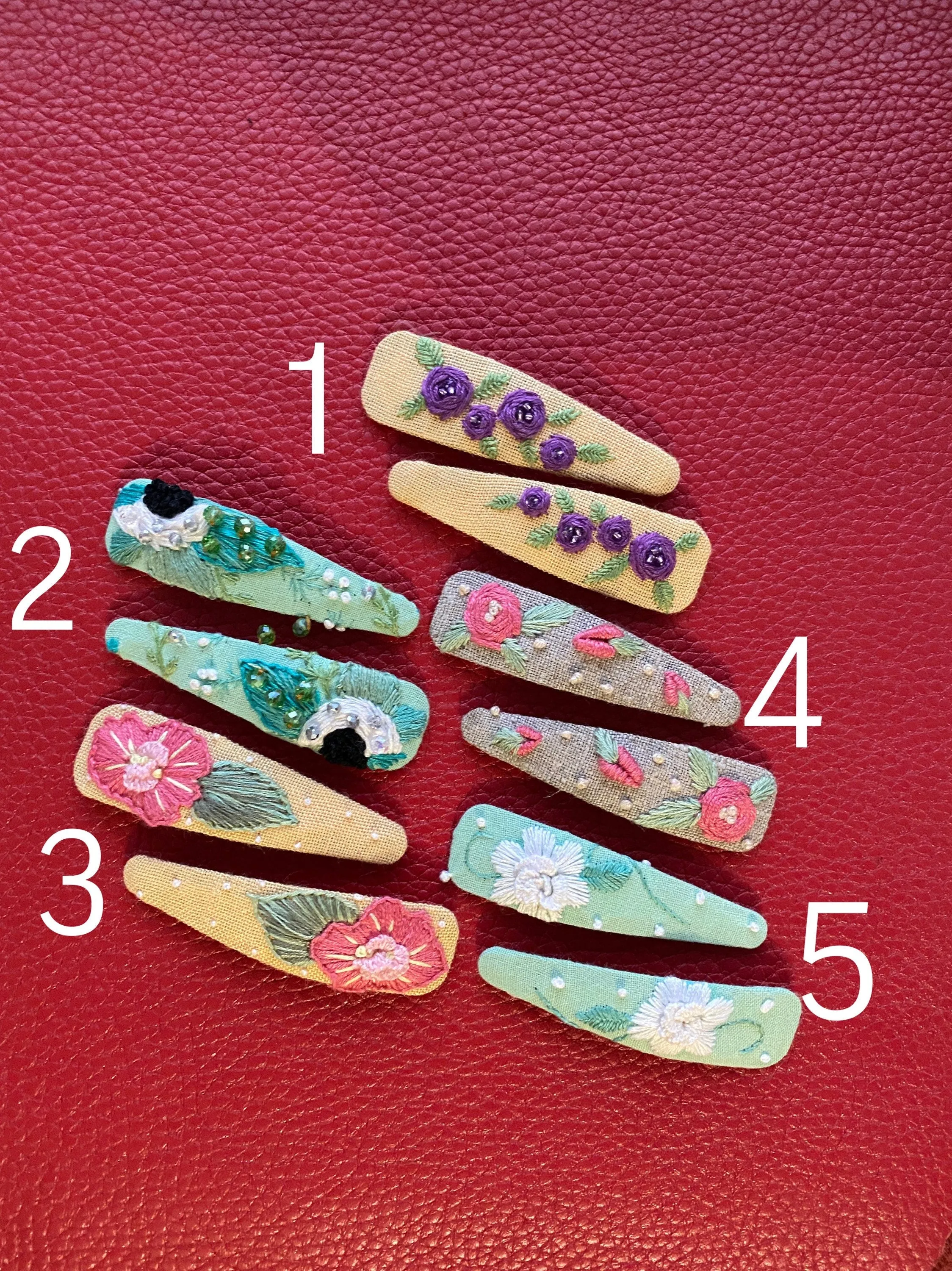 Hand embroidered hair bow barrette floral hair clips