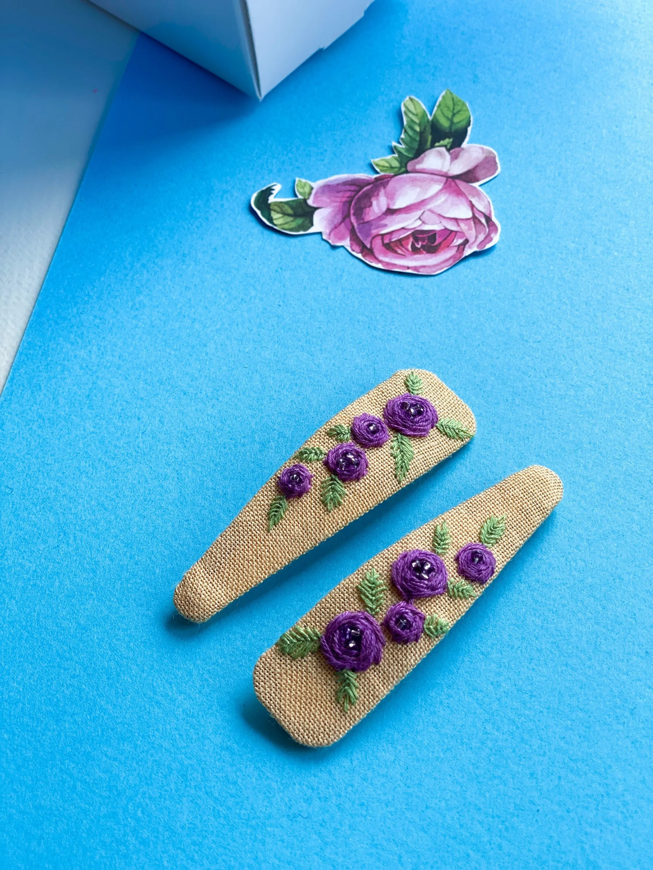 Hand embroidered hair bow barrette floral hair clips