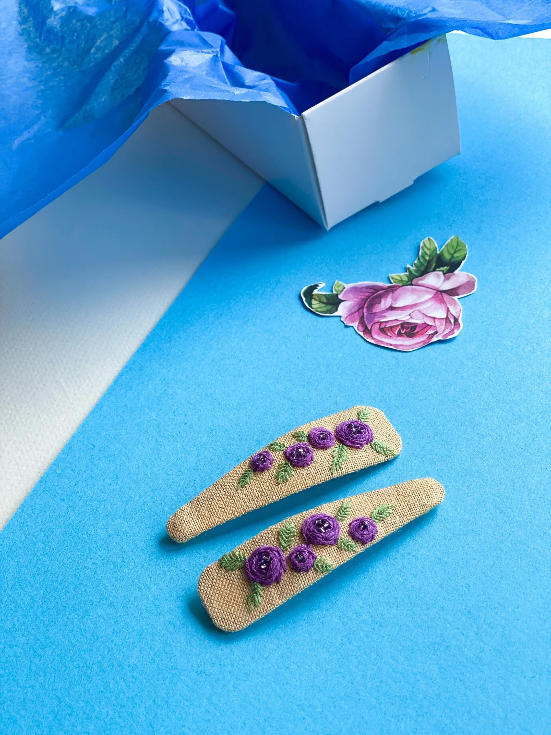 Hand embroidered hair bow barrette floral hair clips