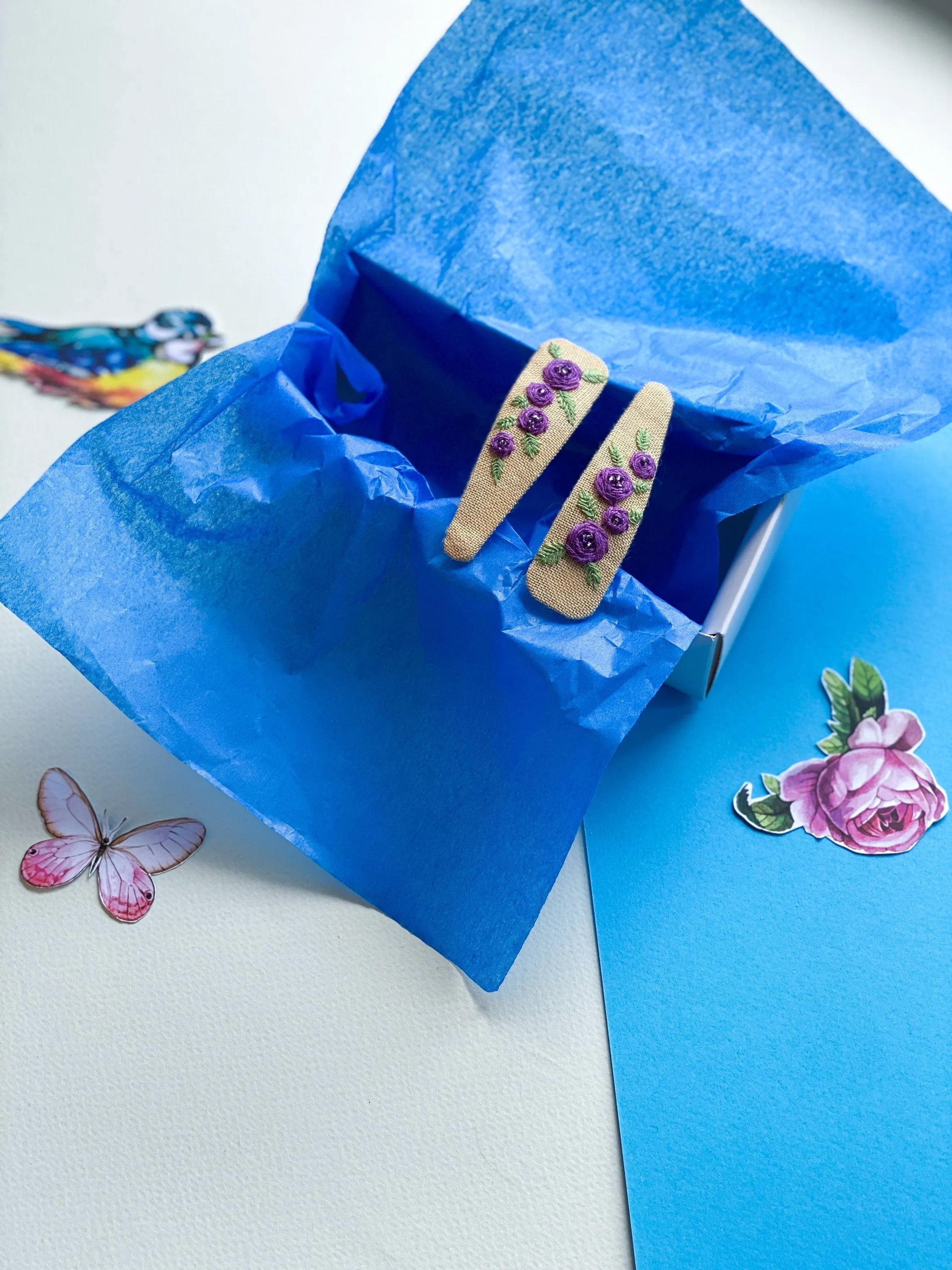 Hand embroidered hair bow barrette floral hair clips