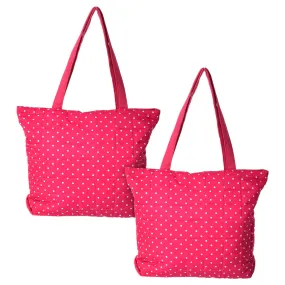 Heart Home Multipurposes Dot Printed Cotton Shoulder Bag/Tote Bag/Handbag/Lunch Bag with Carrying Handle- Pack of 2 (Pink)-50HH01169