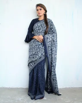Indigo Garden Hand Blockprinted Cotton Saree