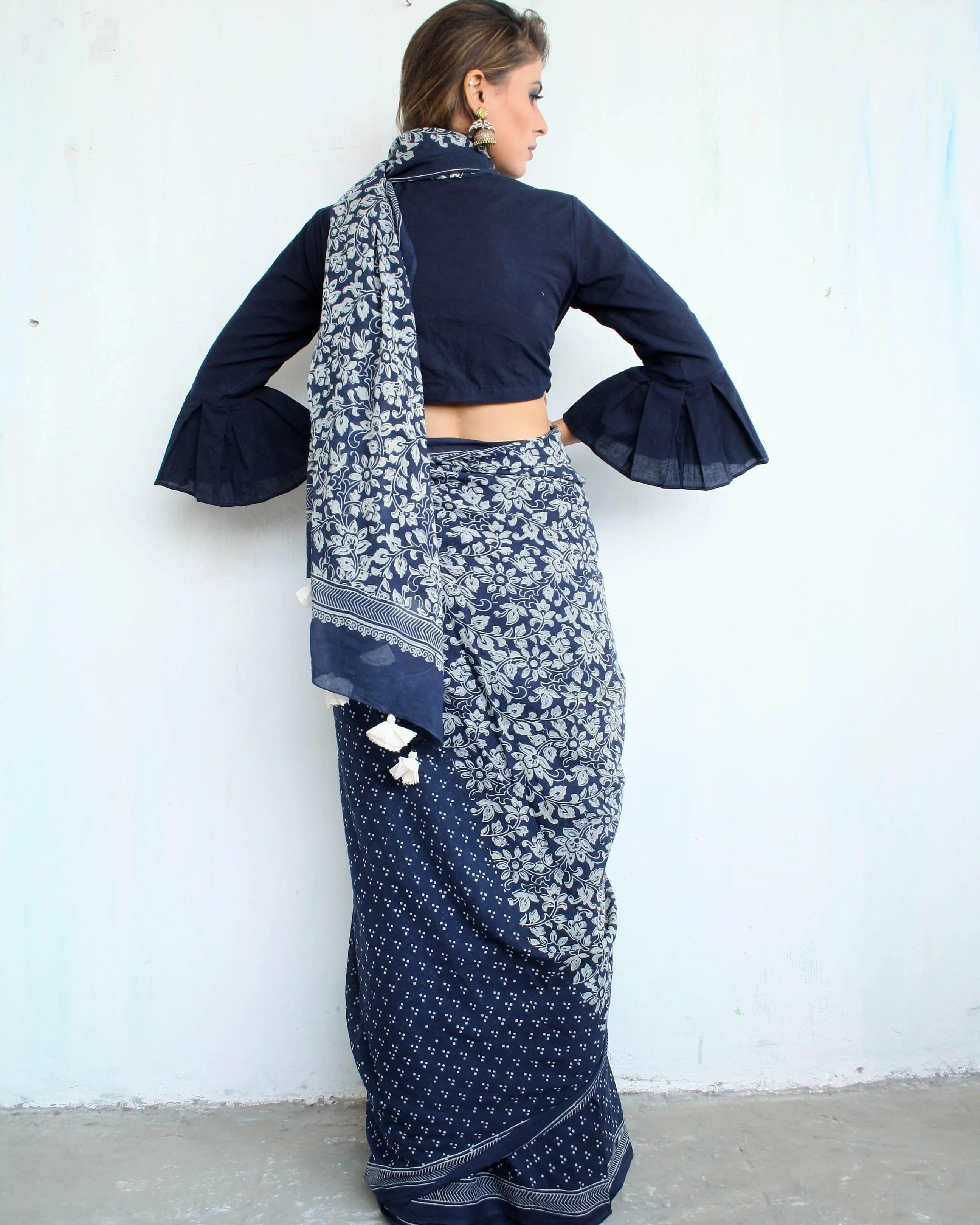 Indigo Garden Hand Blockprinted Cotton Saree